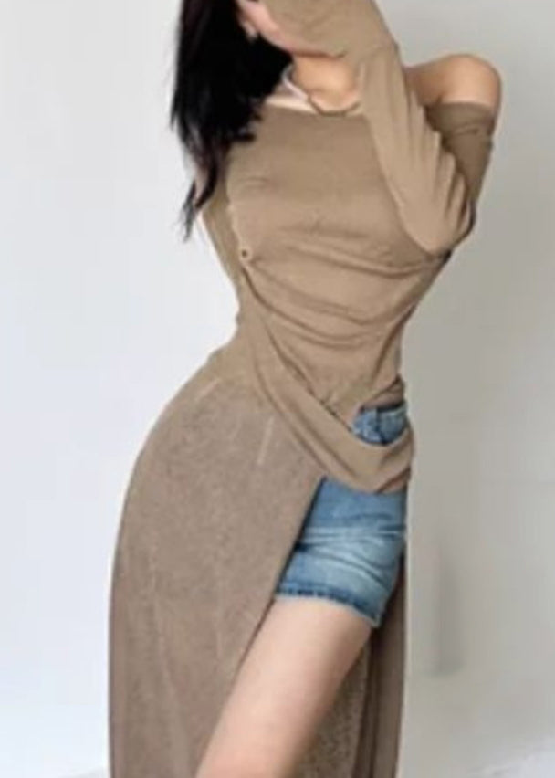 Asymmetrical Open Maxi Brown Sexy One Side Shoulder Dresses Silk