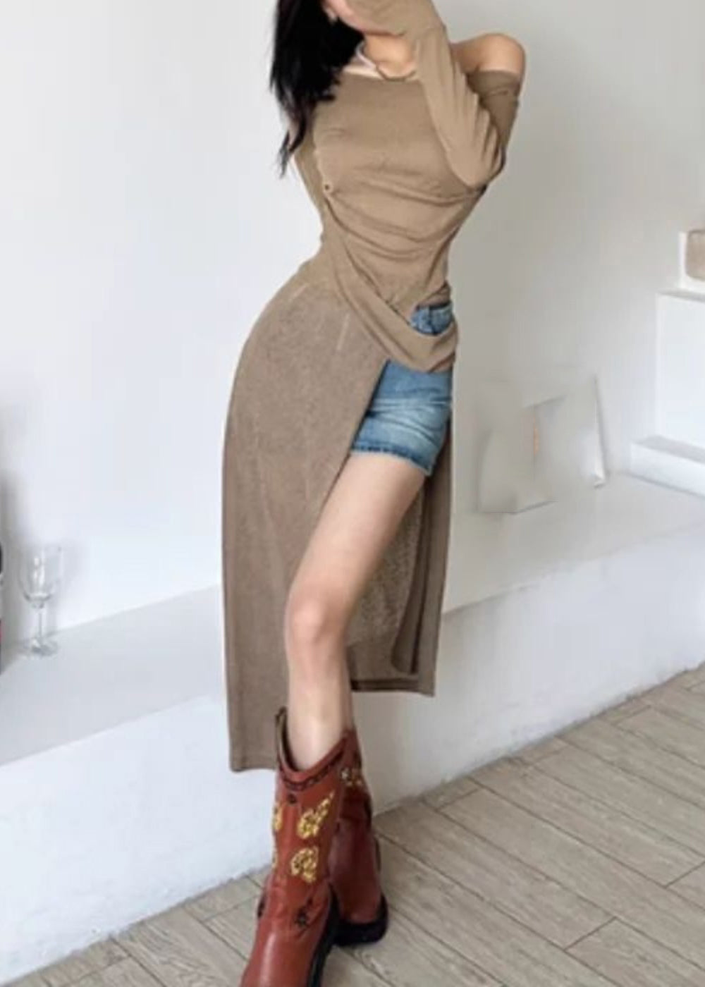 Asymmetrical Open Maxi Brown Sexy One Side Shoulder Dresses Silk