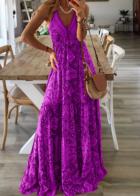 Dress Sexy Spaghetti Strap V Green Print Neck Long Holiday Sleeveless