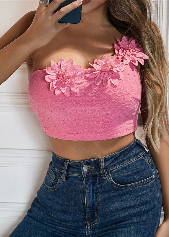 Top With Shoulder Camisole Sexy Pink Flower Single Dimensional