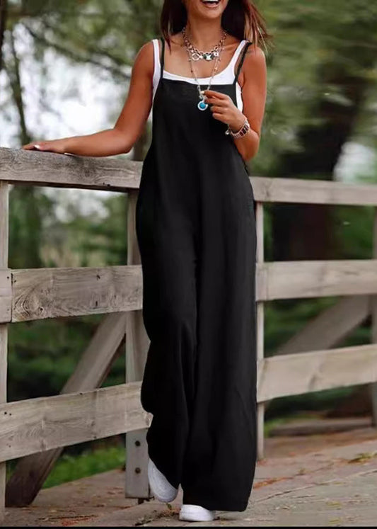 Simple Wide Patchwork Leg Neck Black Jumpsuit Slash Summer