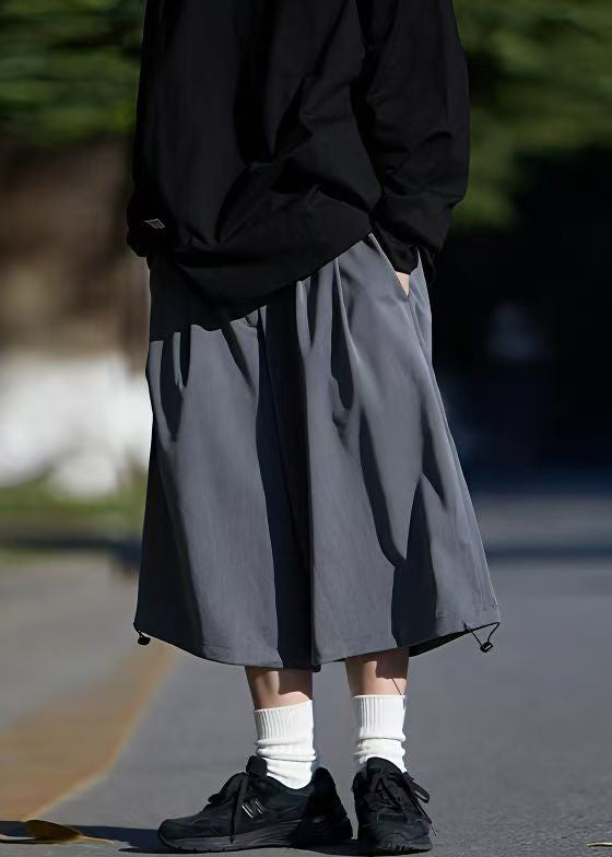 Simple Grey Pockets Ice Drawstring Crop Summer Men Silk Pants