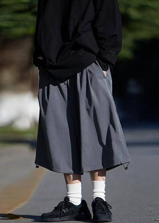 Simple Grey Pockets Ice Drawstring Crop Summer Men Silk Pants