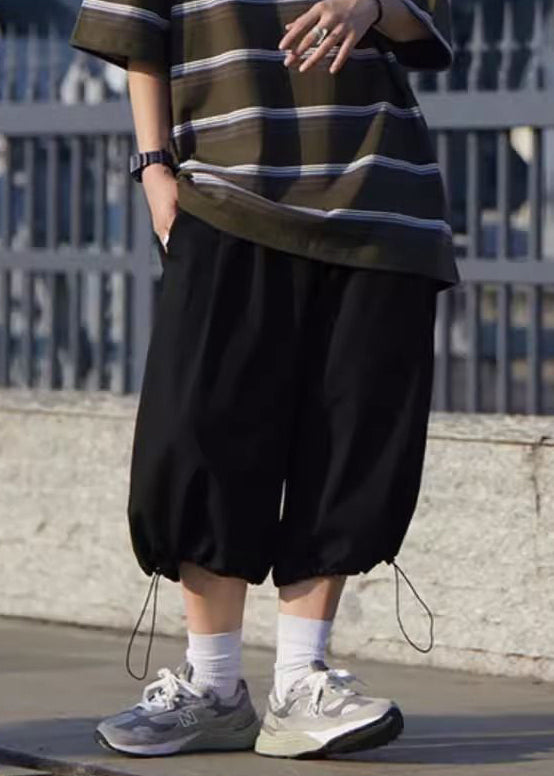 Simple Grey Pockets Ice Drawstring Crop Summer Men Silk Pants