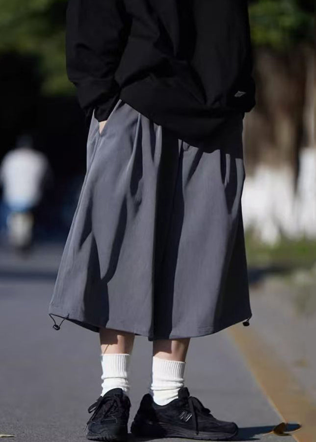 Simple Grey Pockets Ice Drawstring Crop Summer Men Silk Pants