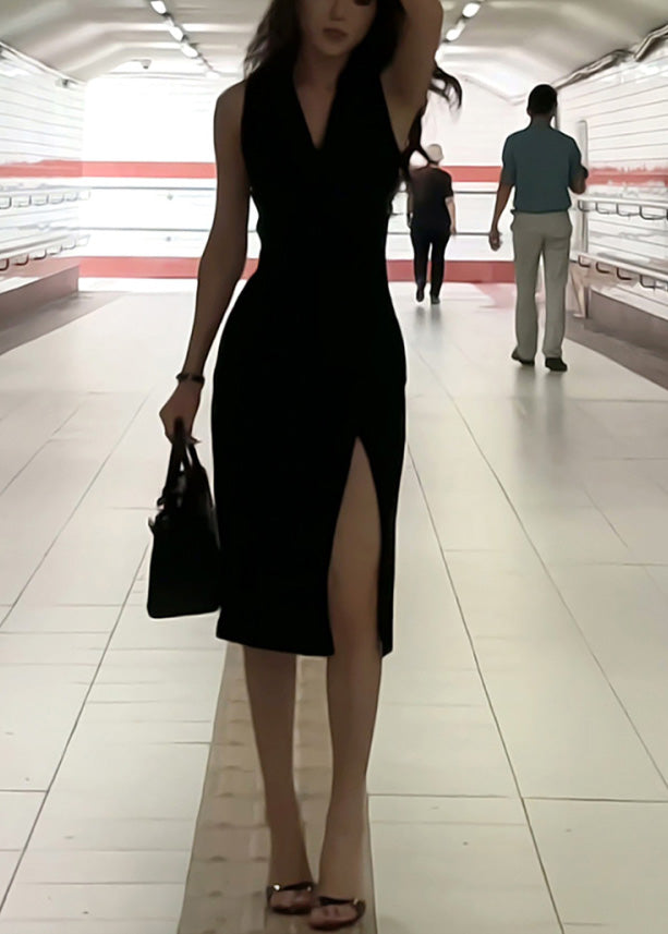 Open Black Maxi Side Spaghetti Neck Dresses Strap Slim Sleeveless V Fi