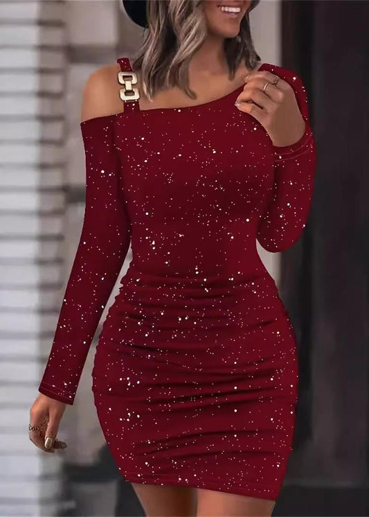 Mid Dresses Slim Fit Sequins Fall Shoulder Cold Mulberry