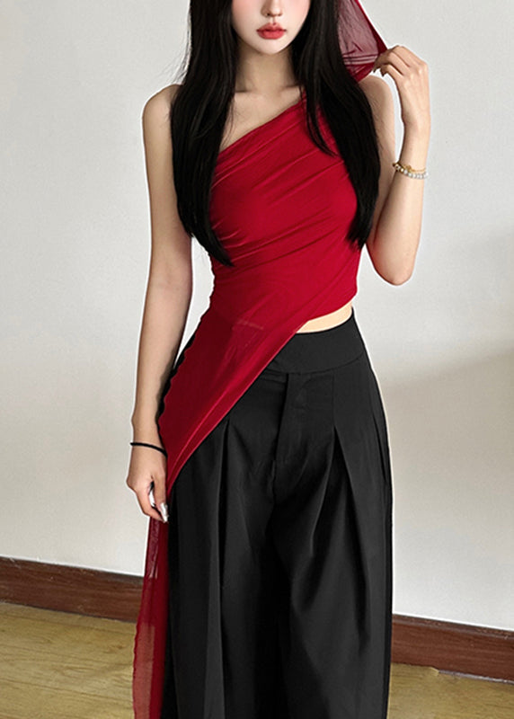 Slim Shoulder One Sleeveless Tulle Fit Red Asymmetrical Shirt