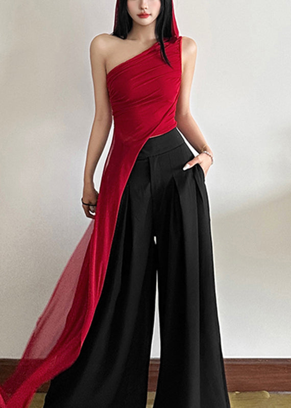 Slim Shoulder One Sleeveless Tulle Fit Red Asymmetrical Shirt