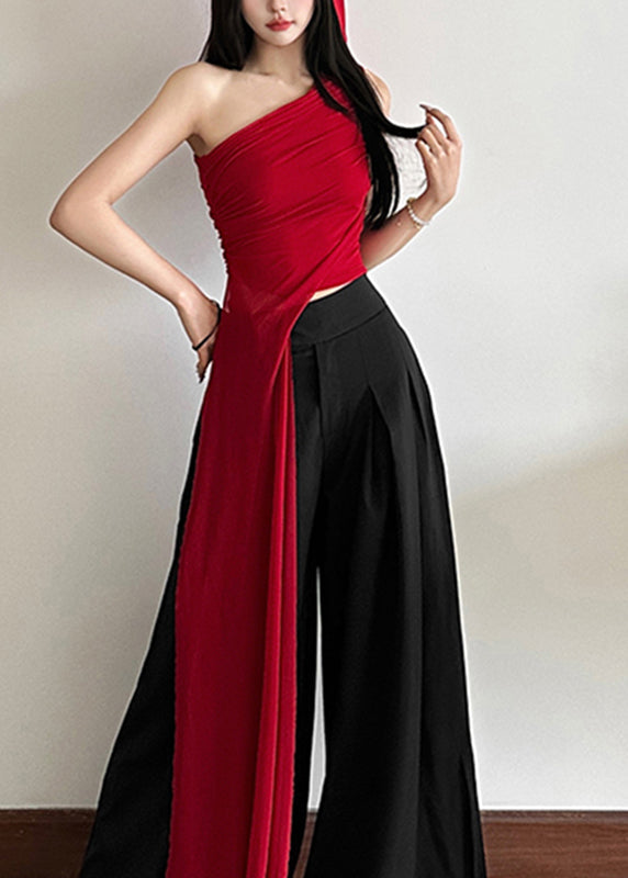 Slim Shoulder One Sleeveless Tulle Fit Red Asymmetrical Shirt