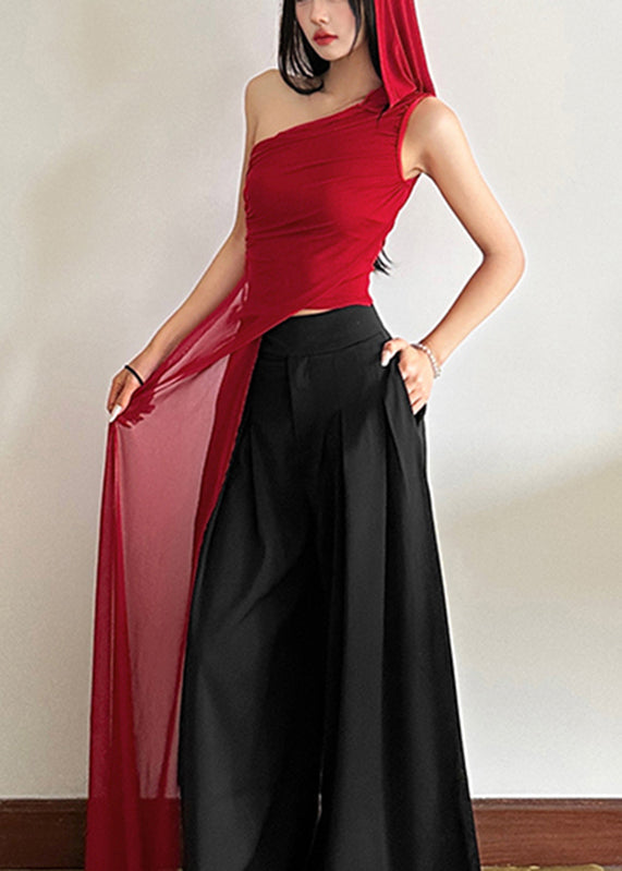 Slim Shoulder One Sleeveless Tulle Fit Red Asymmetrical Shirt
