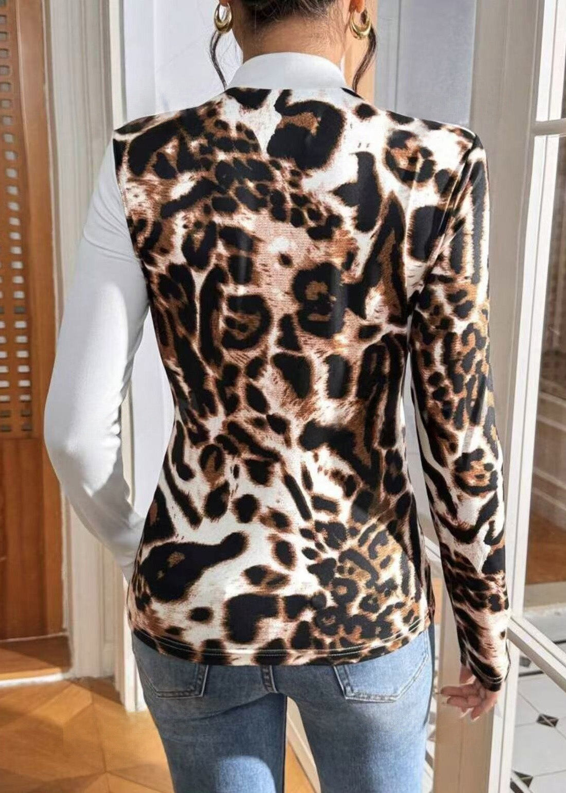 Streetwear Leopard Fit Print Long Slim T-Shirt Sleeved Patchwork