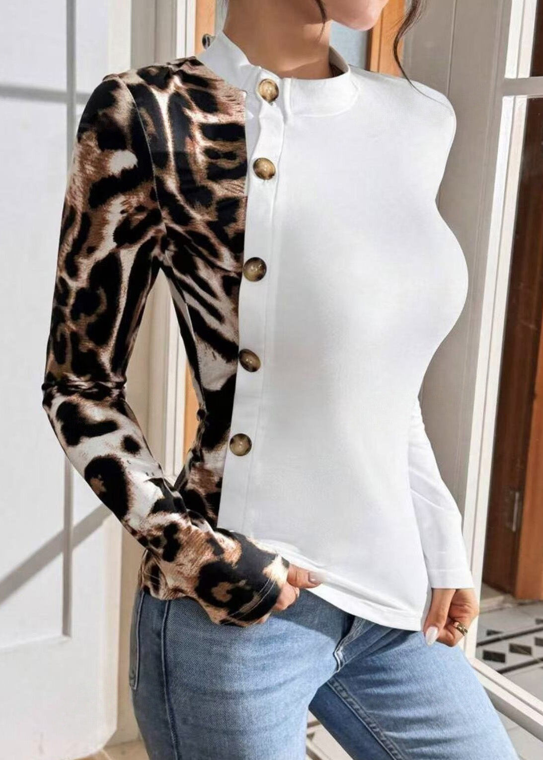 Streetwear Leopard Fit Print Long Slim T-Shirt Sleeved Patchwork
