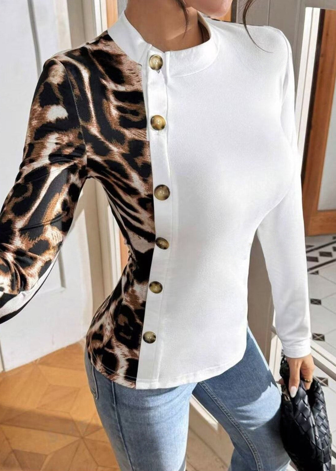 Streetwear Leopard Fit Print Long Slim T-Shirt Sleeved Patchwork