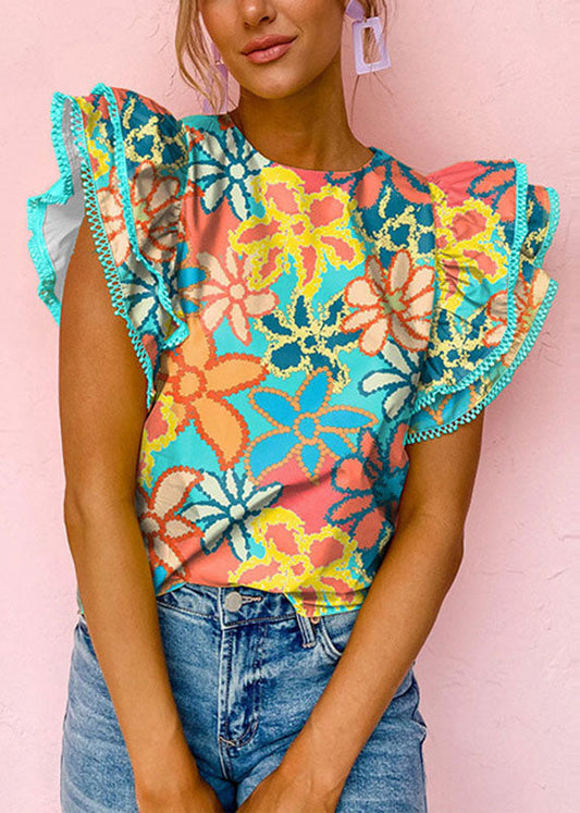 Green Ruffled Print Shirt Summer T Style O-Neck