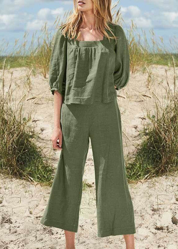 Khaki Square Pieces Two And Half Crop Style Set Top Collar Pants
