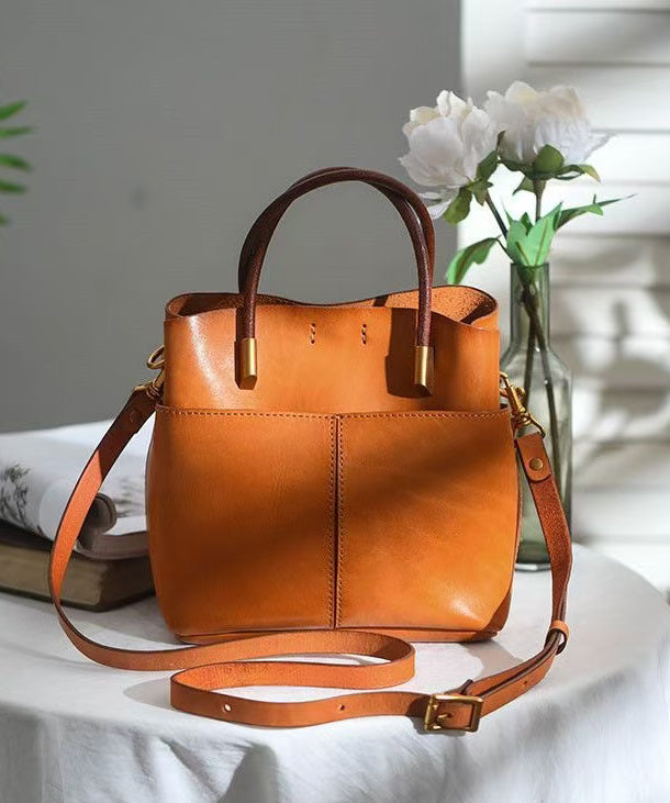 Leather Large Durable Style Orange Handbag Tote
