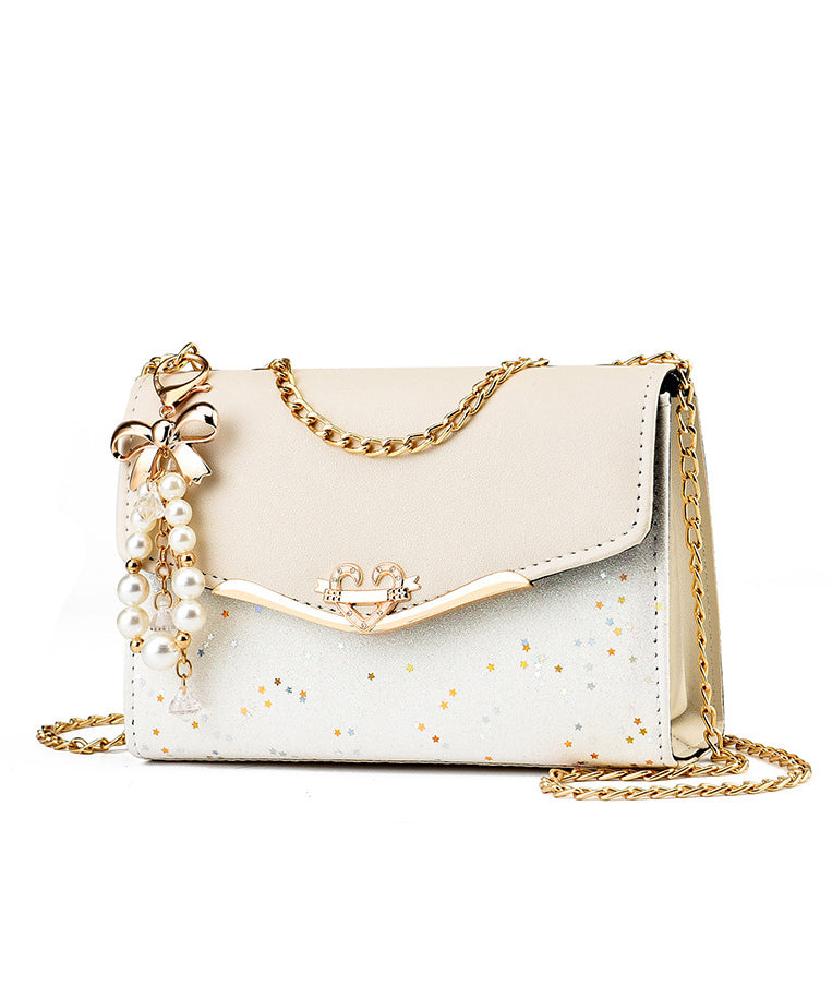 Flap Bag Leather Stylish Chain Beige Linked Faux