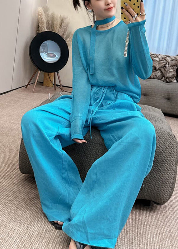 Toop Blue Leg Stylish Wide Two Piece Fall And Knit Set Pants O-Neck