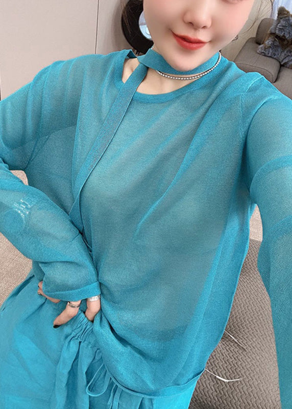 Toop Blue Leg Stylish Wide Two Piece Fall And Knit Set Pants O-Neck