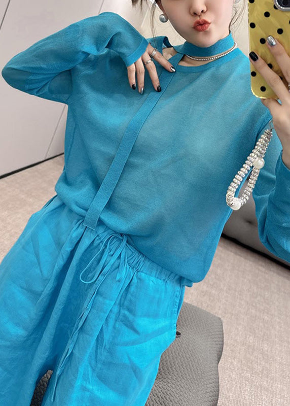 Toop Blue Leg Stylish Wide Two Piece Fall And Knit Set Pants O-Neck