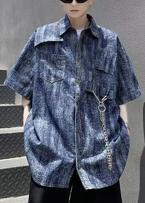 Mens Half Sleeve Tie Stylish Denim Dye Shirts Blue Linked Chain