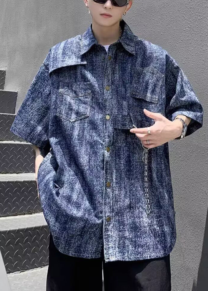 Mens Half Sleeve Tie Stylish Denim Dye Shirts Blue Linked Chain