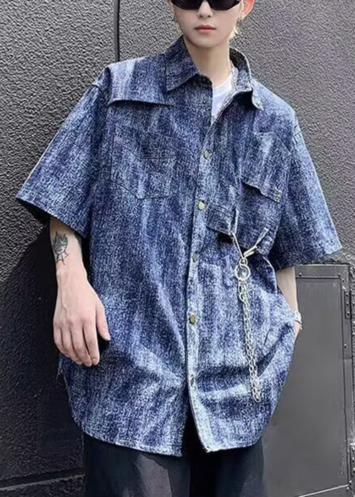 Mens Half Sleeve Tie Stylish Denim Dye Shirts Blue Linked Chain