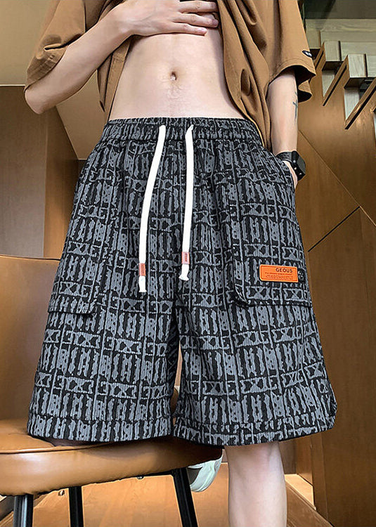 Green Print Shorts Pockets Cotton Elastic Waist Men Stylish Summer