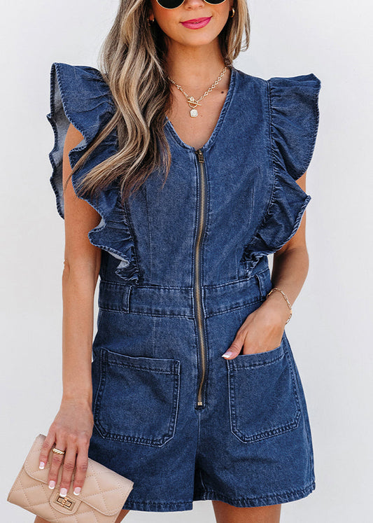 Sleeve Jumpsuit Navy Stylish Ruffled O-Neck Denim Zippered Short