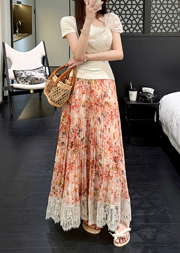 Print Orange Chiffon Pleated Stylish Patchwork Summer Skirt Lace