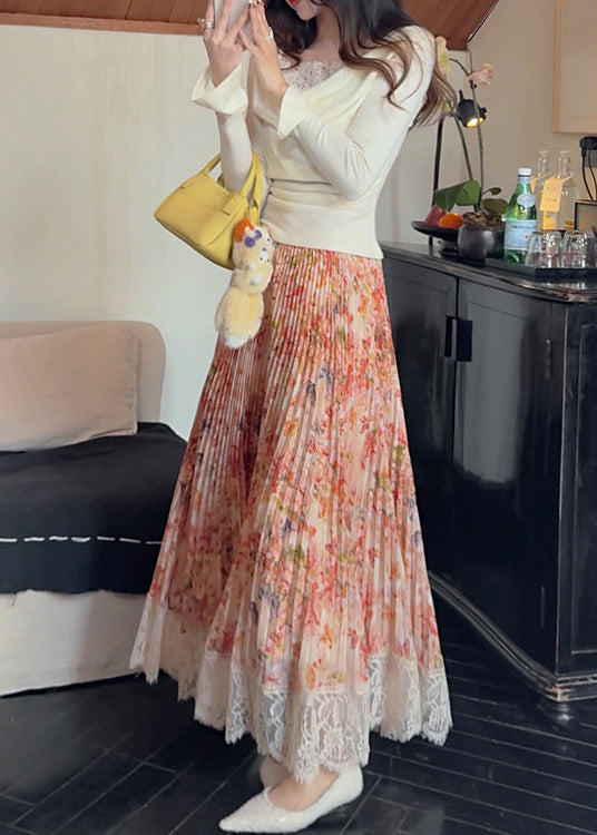Print Orange Chiffon Pleated Stylish Patchwork Summer Skirt Lace