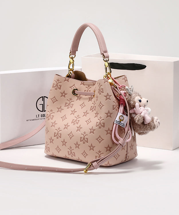 Calf Embossed Leather Stylish Bag Bucket Pink