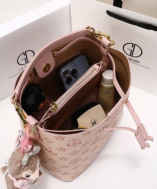 Calf Embossed Leather Stylish Bag Bucket Pink
