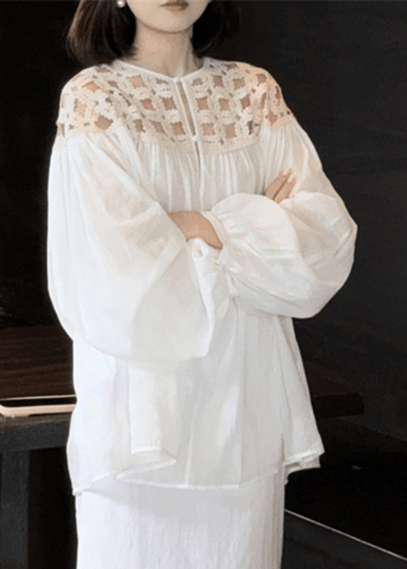 Stylish Shirts O-Neck Hollow White Cotto Out Silk Wrinkled Fall