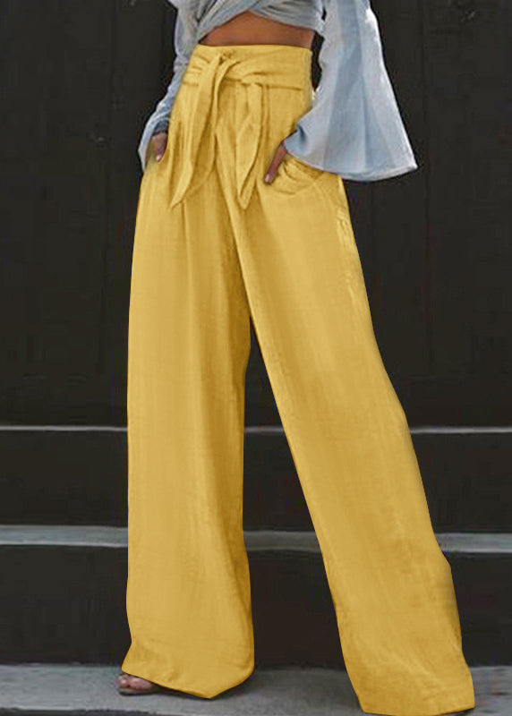 Pants High Stylish Pockets Yellow Leg Wide Summer Waist