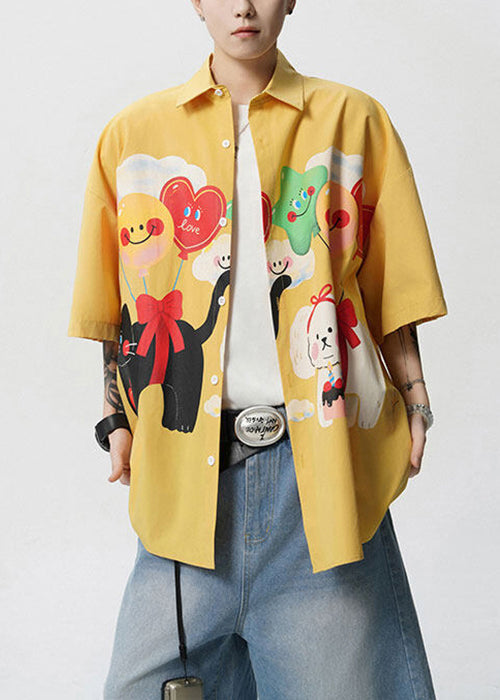 Collar Stylish Yellow Peter Shirts Mens Print Cotton Button Sleeve Pan Half