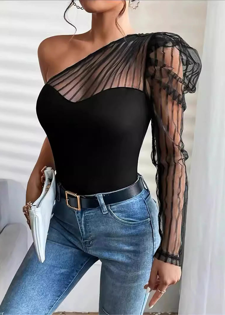 Shoulder Top Sleeved One Sexy Patchwork T-Shirt Tulle Long Summer