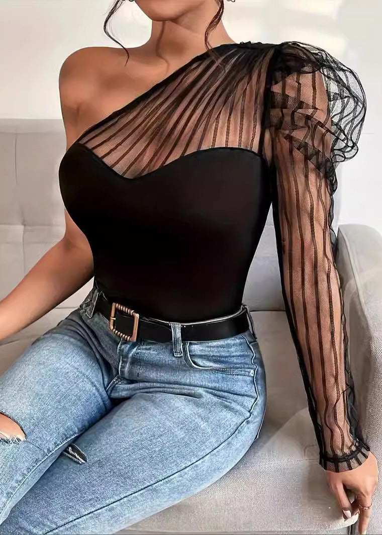 Shoulder Top Sleeved One Sexy Patchwork T-Shirt Tulle Long Summer