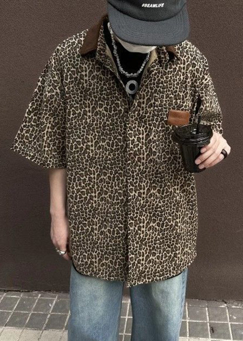 Half Pockets Men Corduroy Sleeve Unique Shirts Patchwork Leopard
