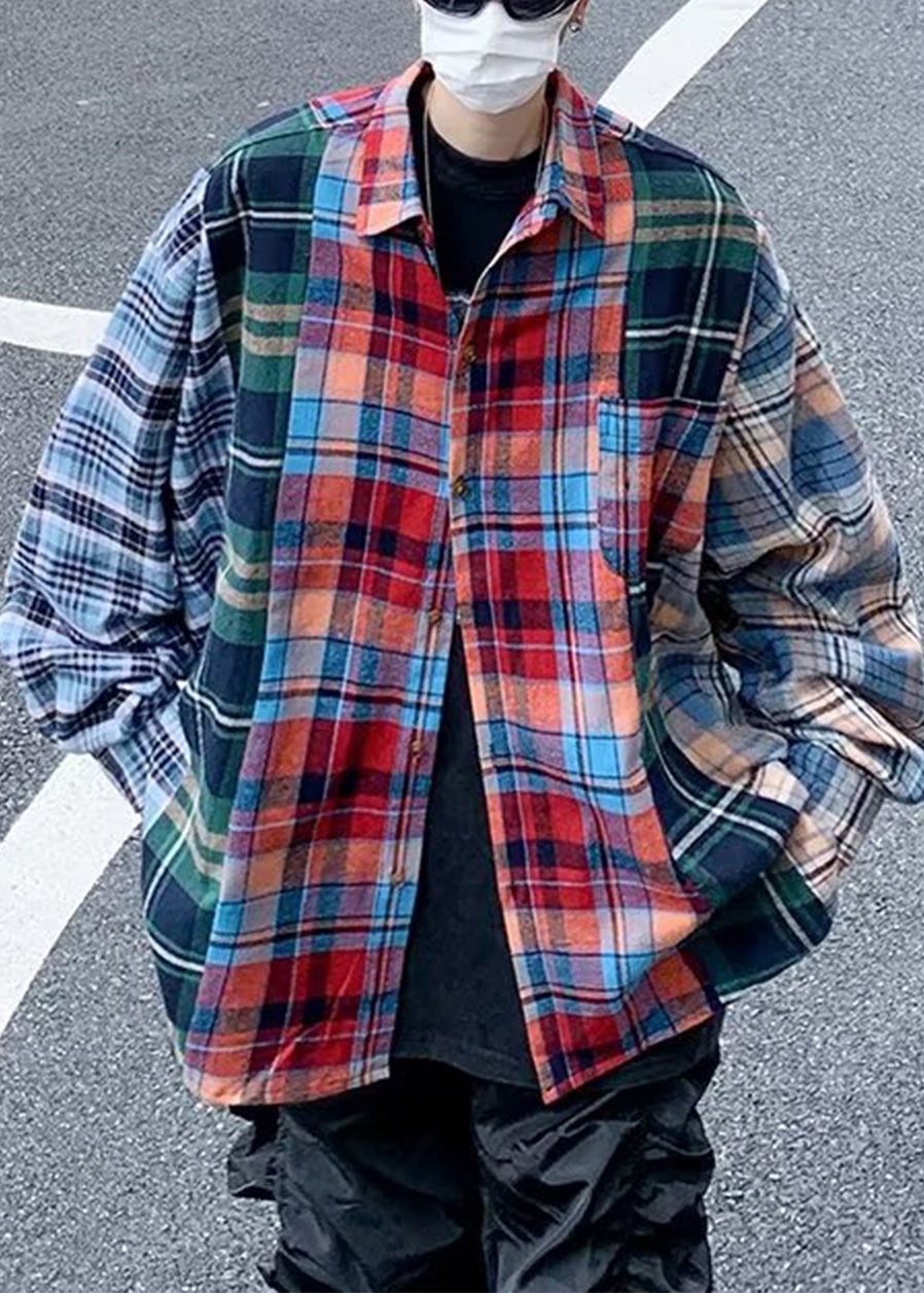 Collar Cotton Plaid Unique Spring Pan Peter Shirts Patchwork Men