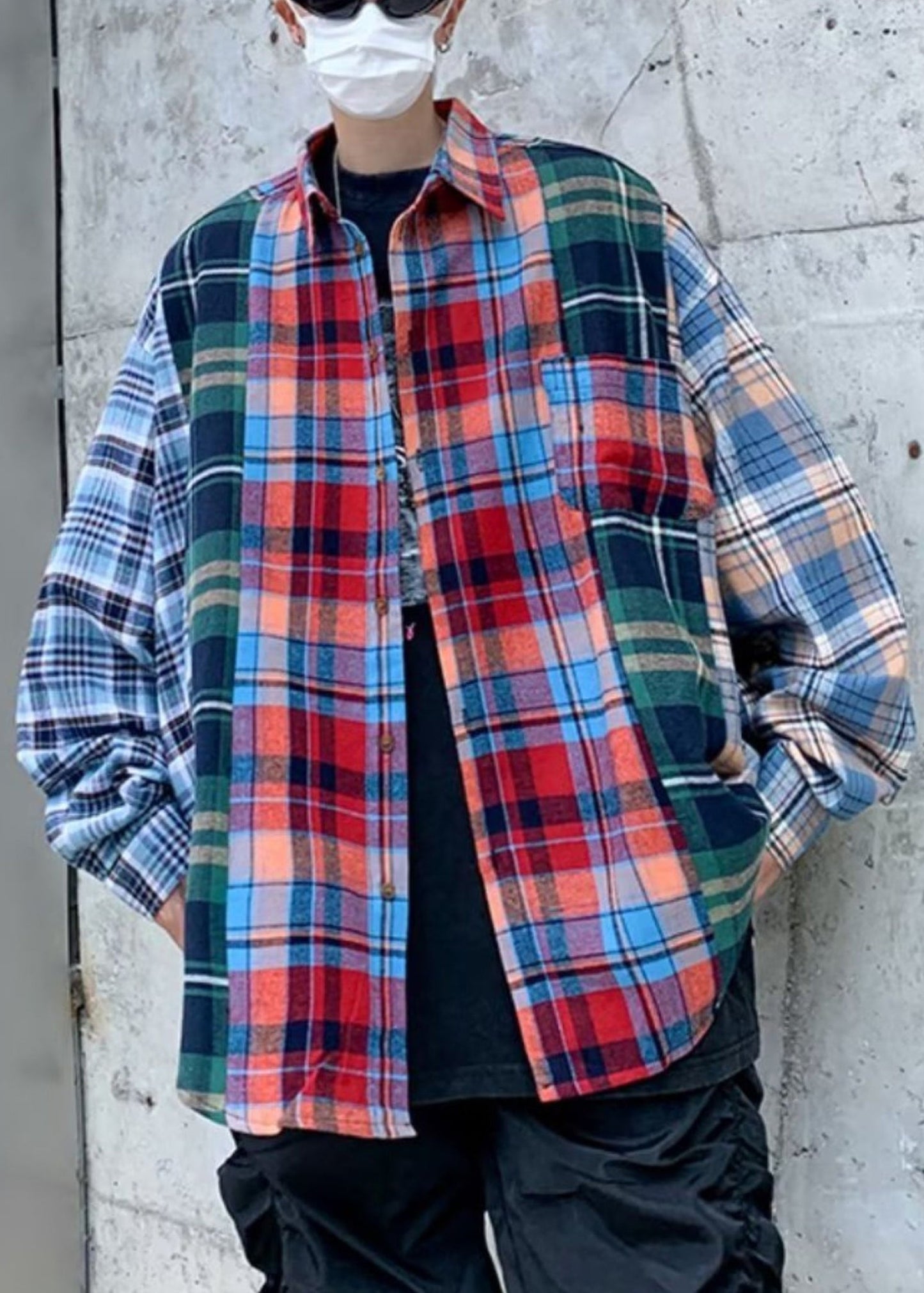 Collar Cotton Plaid Unique Spring Pan Peter Shirts Patchwork Men
