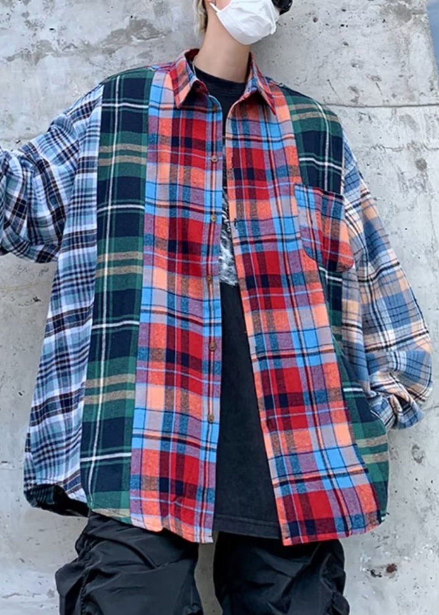 Collar Cotton Plaid Unique Spring Pan Peter Shirts Patchwork Men