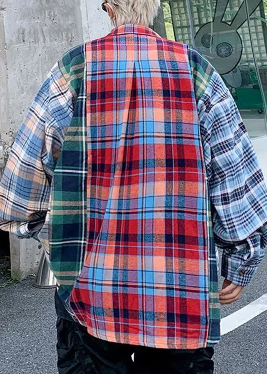 Collar Cotton Plaid Unique Spring Pan Peter Shirts Patchwork Men