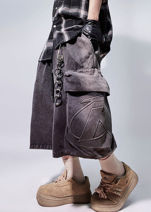 Men Summer Black Waist Pockets Elastic Denim Shorts Vintage Oversized