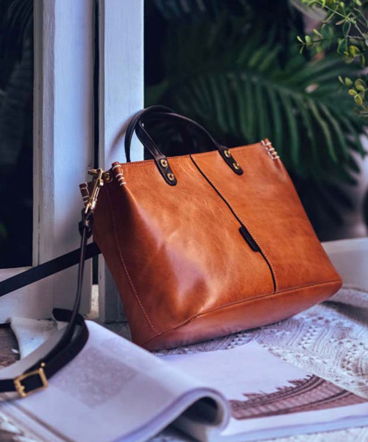 Brown Leather Handbag Tote Durable Vintage Large