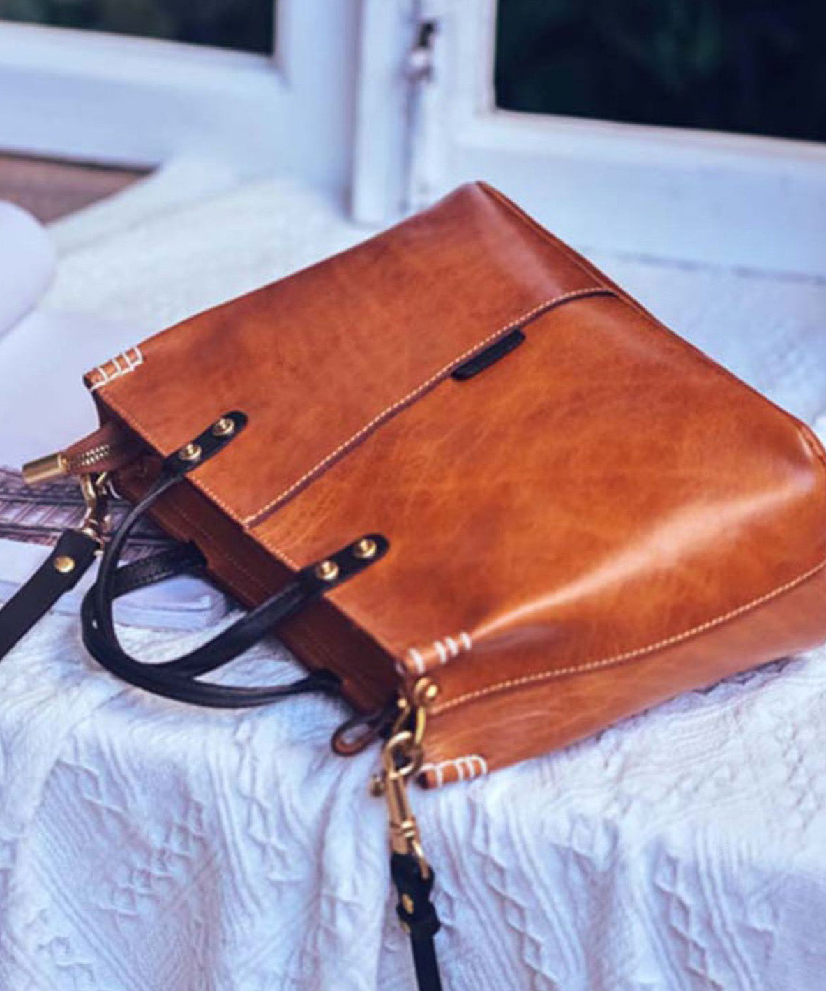 Brown Leather Handbag Tote Durable Vintage Large