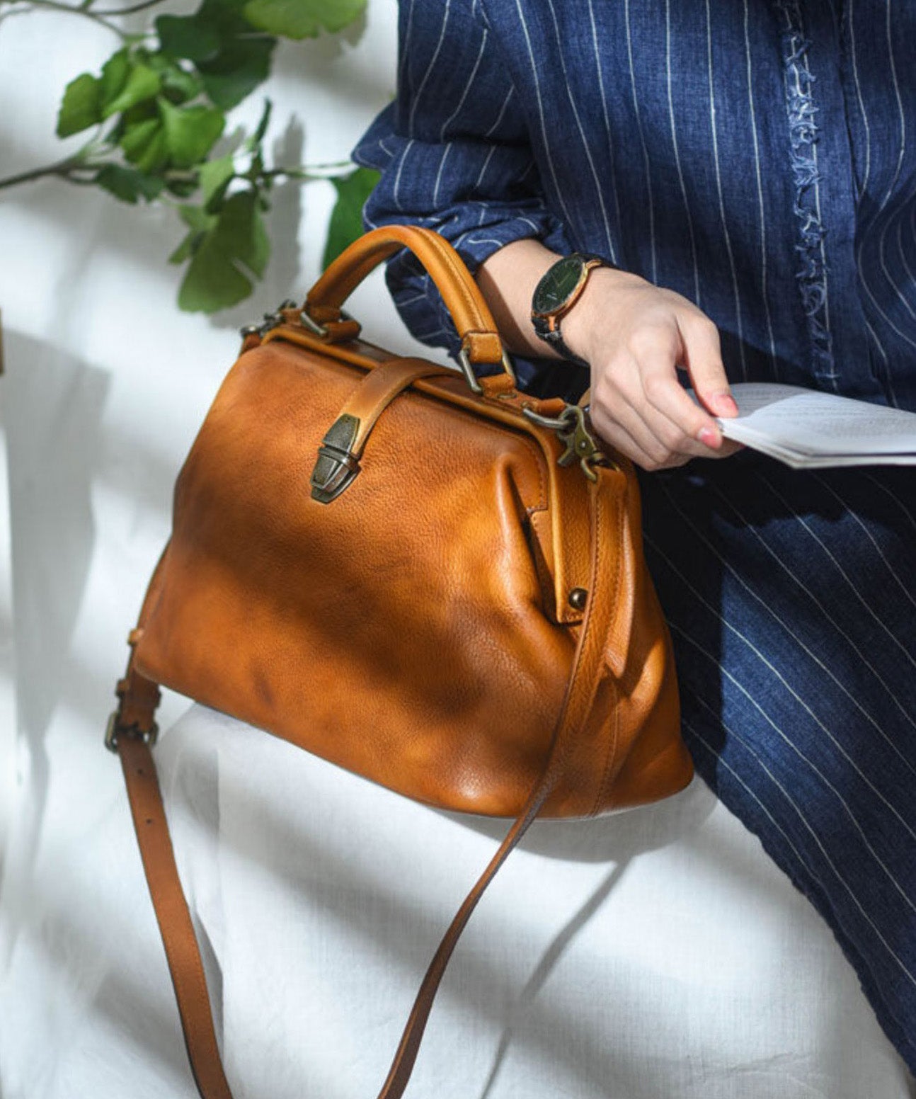 Leather Handbag Vintage Tote Brown Capacity Large