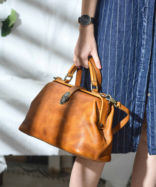 Leather Handbag Vintage Tote Brown Capacity Large
