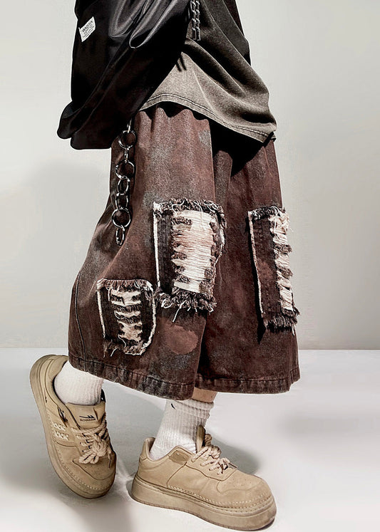 Summer Denim Elastic Shorts Hole Vintage Oversized Waist Men